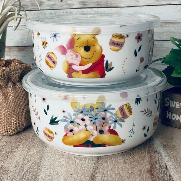 NWT Disney 2 Pc Winnie the Pooh Ceramic White Vented Food container 2 Pieces Set - Picture 1 of 13